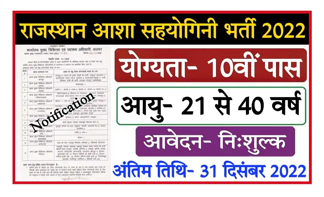 Rajasthan Asha Sahyogini Bharti 2022 Notification राजस्थान आशा सहयोगिनी भर्ती का नोटिफिकेशन बंपर पदों पर जारी, आज आवेदन करें