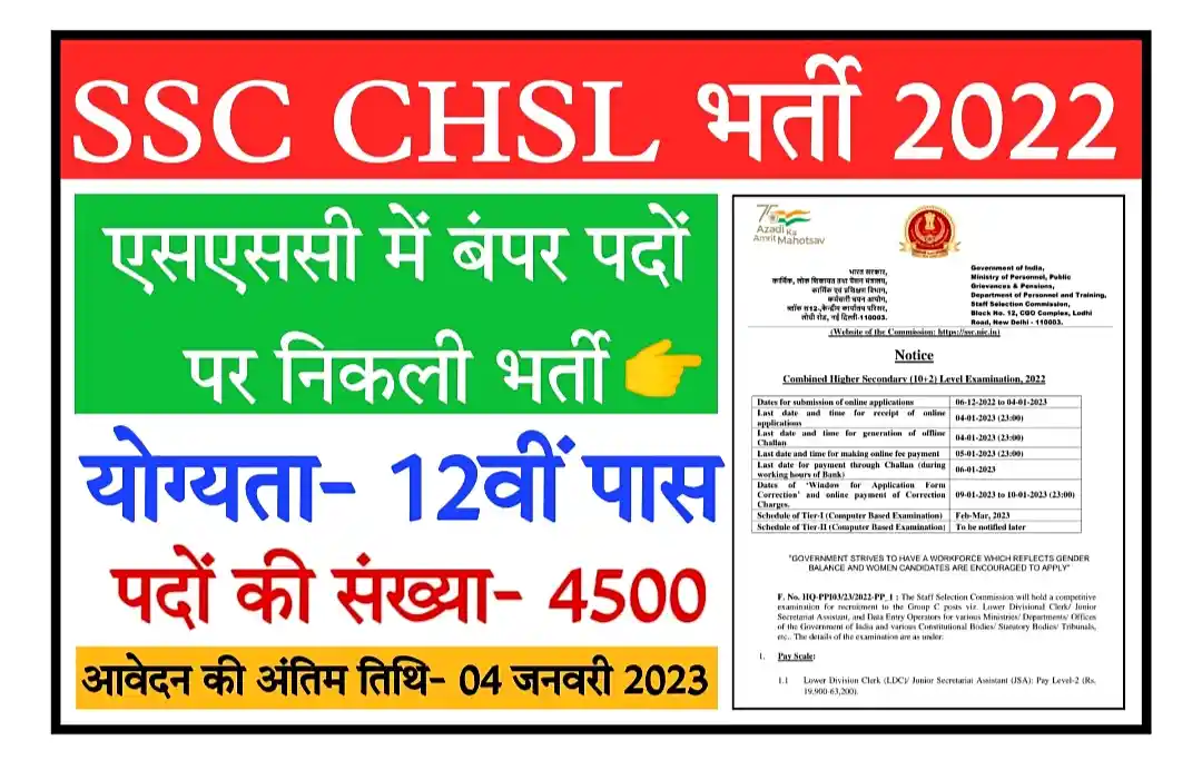 SSC CHSL Recruitment 2022 Notification, Apply Online एसएससी सीएचएसएल के 4500 पदों पर निकली भर्ती, योग्यता 12वीं पास