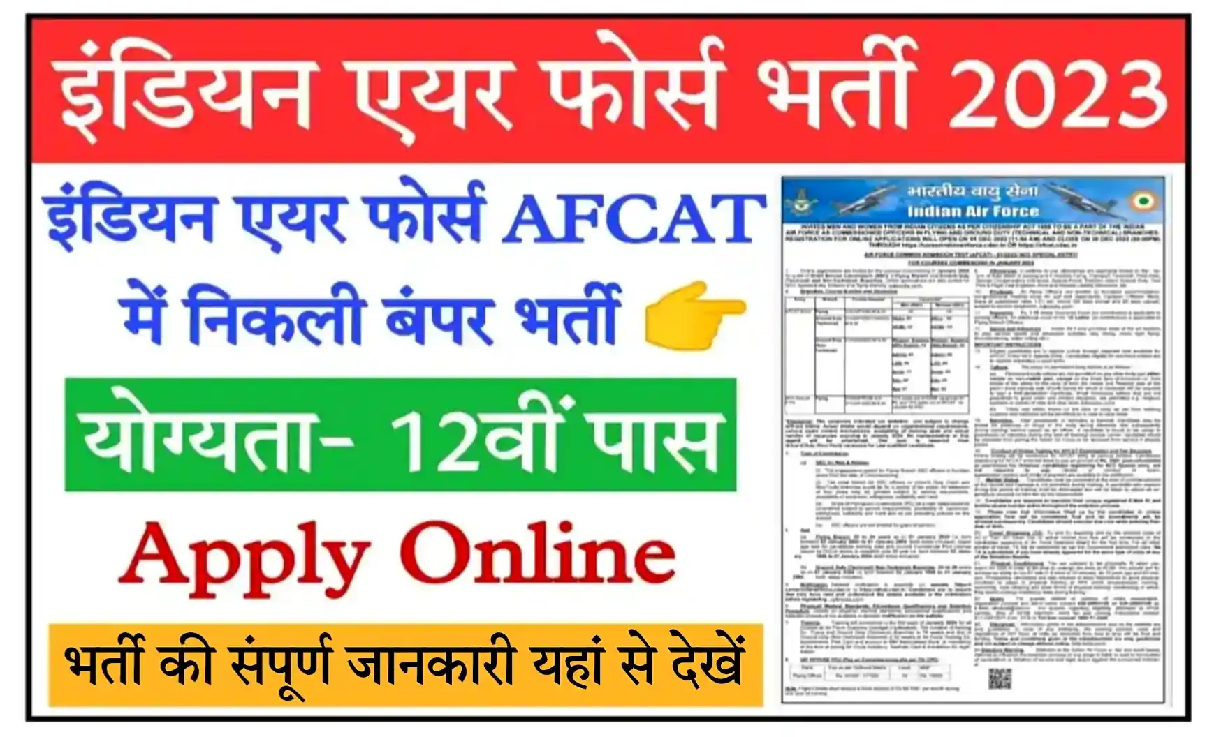 Indian Air Force AFCAT Recruitment 2023 Notification, Apply Online, Qualification 12th Pass