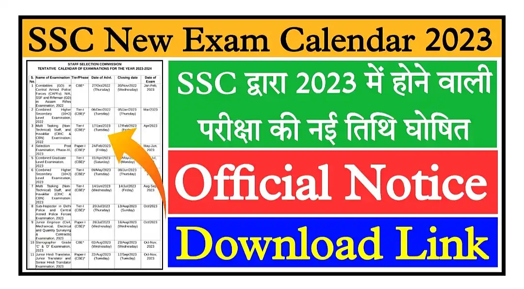 SSC New Exam Calendar 2023 एसएससी द्वारा 2023 में होने वाली भर्तियों की एग्जाम तिथि घोषित, नोटिस डाउनलोड करें