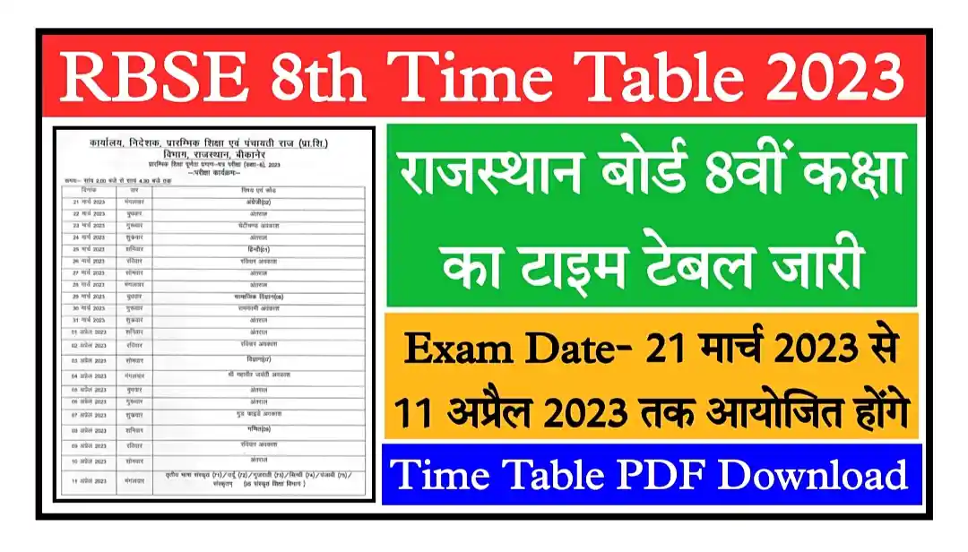 Rajasthan Board 8th Time Table 2023 राजस्थान आरबीएसई बोर्ड 8वीं कक्षा का टाइम टेबल जारी, यहां से PDF डाउनलोड करें