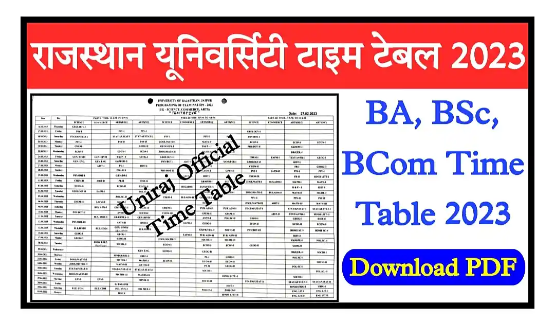 Rajasthan University Time Table 2023 Download Link Uniraj BA, BSc, BCom Final Time Table 2023 Check Link