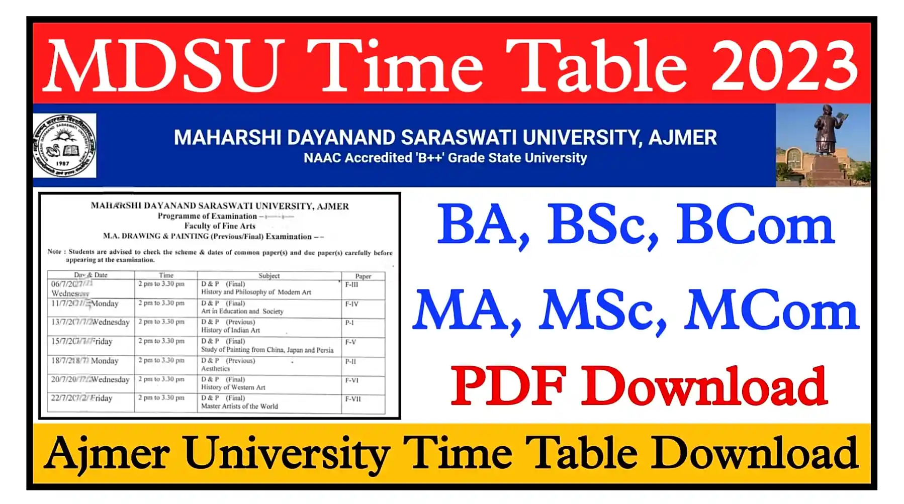 MDSU Time Table 2023 BA, BSc, BCom, MA, MSc, MCom Ajmer University Time Table 2023 PDF Download Link