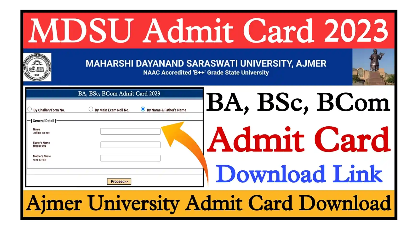 MDSU Admit Card 2023 Download Link MDSU BA, BSc, BCom Admit Card 2023 Name Wise Download Link