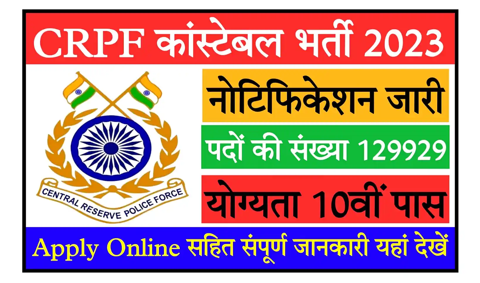 CRPF Constable Bharti 2023 Notification, Apply Online 129929 Posts सीआरपीएफ कांस्टेबल भर्ती का बंपर पदों पर नोटिफिकेशन जारी