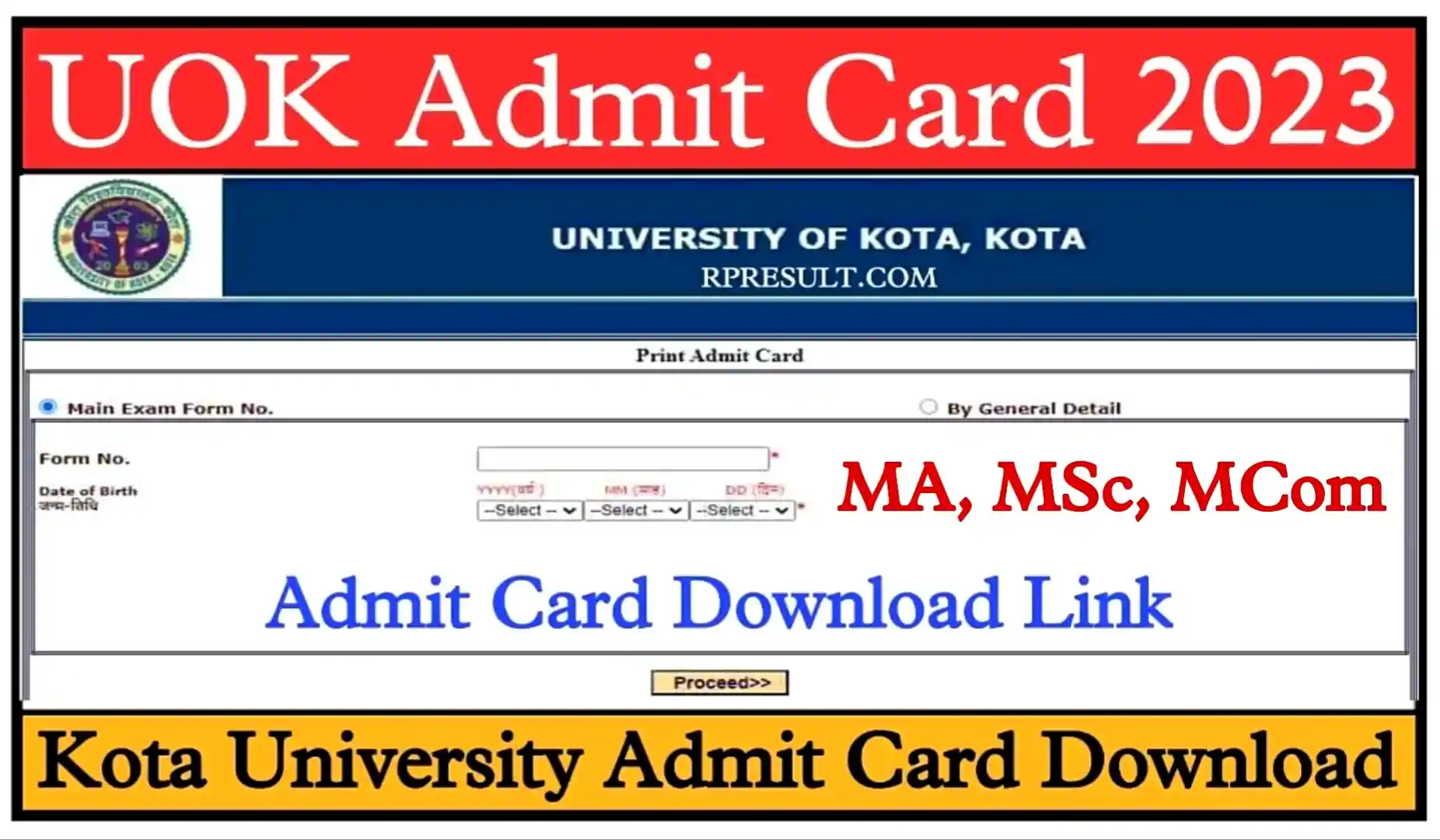 Kota University Admit Card 2023 MA, MSc, MCom UOK Admit Card 2023 Name Wise Download Link