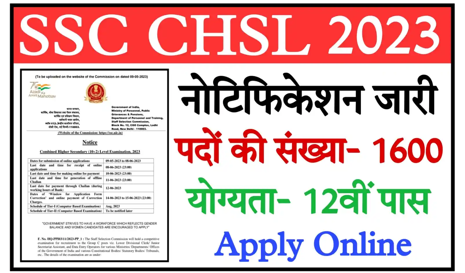 SSC CHSL 2023 Notification, Apply Online (1600 Posts) Exam Date, Syllabus Check All Details