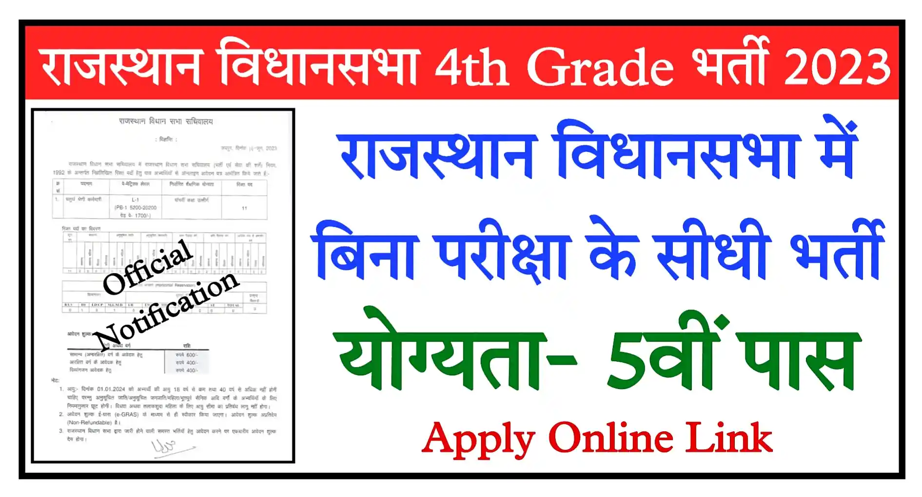 Rajasthan Vidhan Sabha 4th Grade Recruitment 2023 Apply Online, Qualification 5th Pass Check All Details