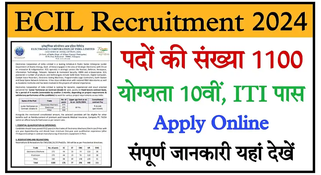 ECIL Recruitment 2024 Notification, Apply Online इलेक्ट्रॉनिक कॉरपोरेशन आफ इंडिया भर्ती 2024 की संपूर्ण जानकारी देखें