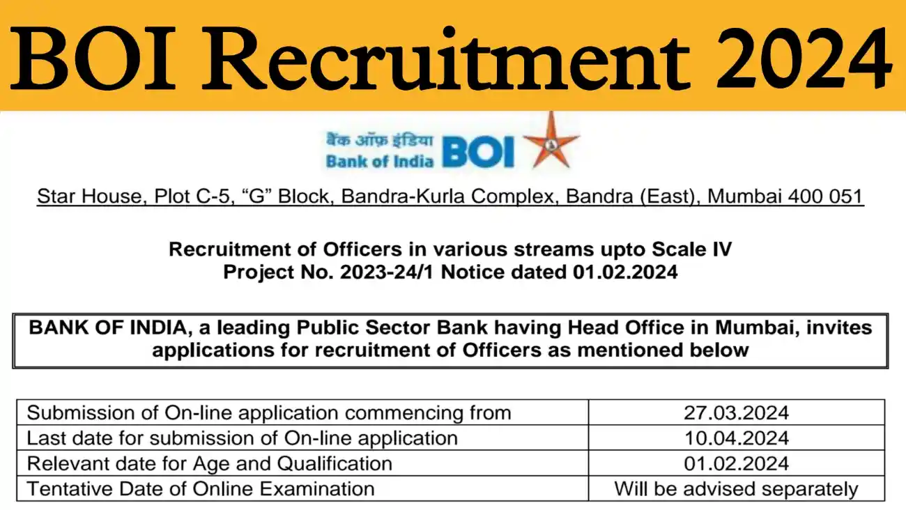 BOI Recruitment 2024 Notification, Apply Online बैंक ऑफ इंडिया ऑफिसर भर्ती 2024 का नोटिफिकेशन जारी, आवेदन शुरू