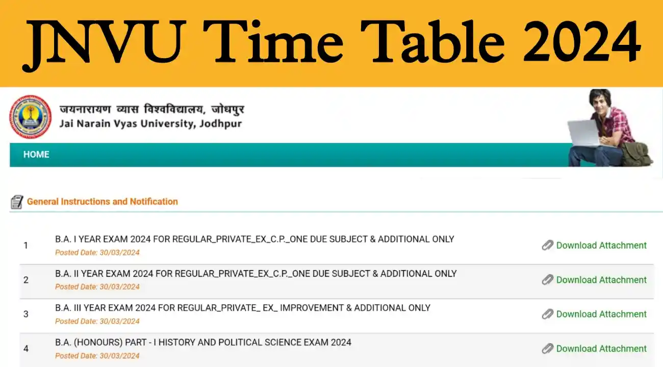JNVU Time Table 2024 Download Link JNVU BA, BSc, BCom, MA, MSc, MCom Time Table 2024