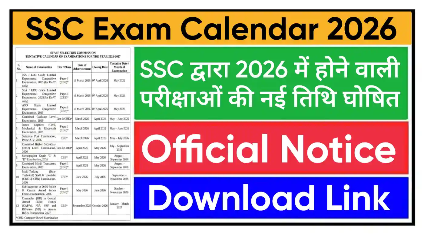 SSC New Exam Calendar 2026 एसएससी द्वारा आगामी आयोजित परीक्षा का नया कैलेंडर जारी @ssc.gov.in