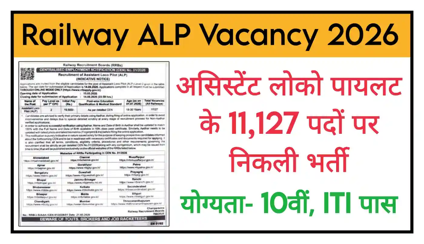 Railway ALP Recruitment 2026 रेलवे असिस्टेंट लोको पायलट 11127 पदों पर होगी भर्ती, संपूर्ण जानकारी देखें @rpresult.com