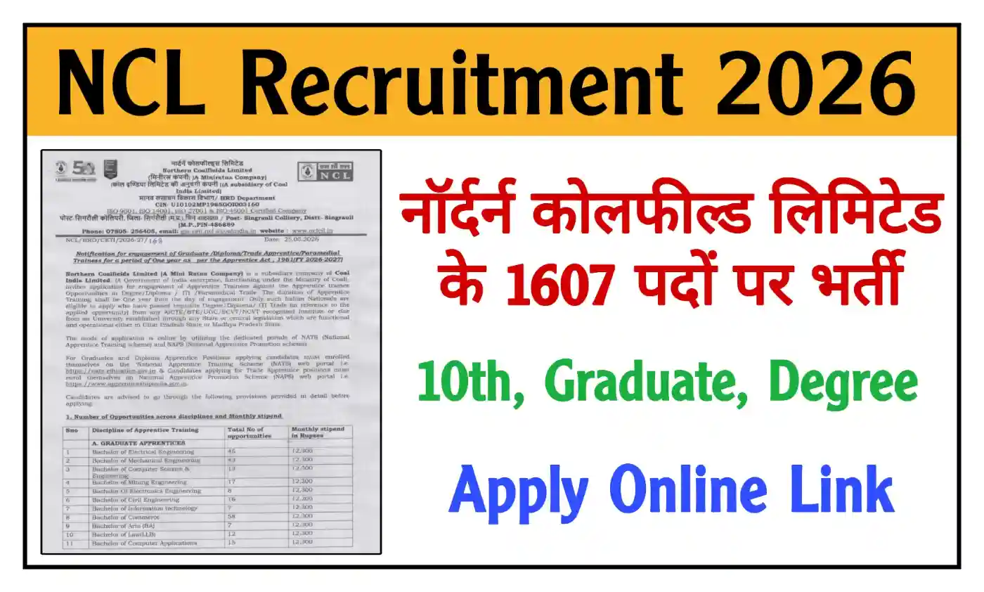 NCL Apprentice Recruitment 2026 एनसीएल इंडिया लिमिटेड के 1607 पदों पर निकली भर्ती, आवेदन शुरू @nclcil.in