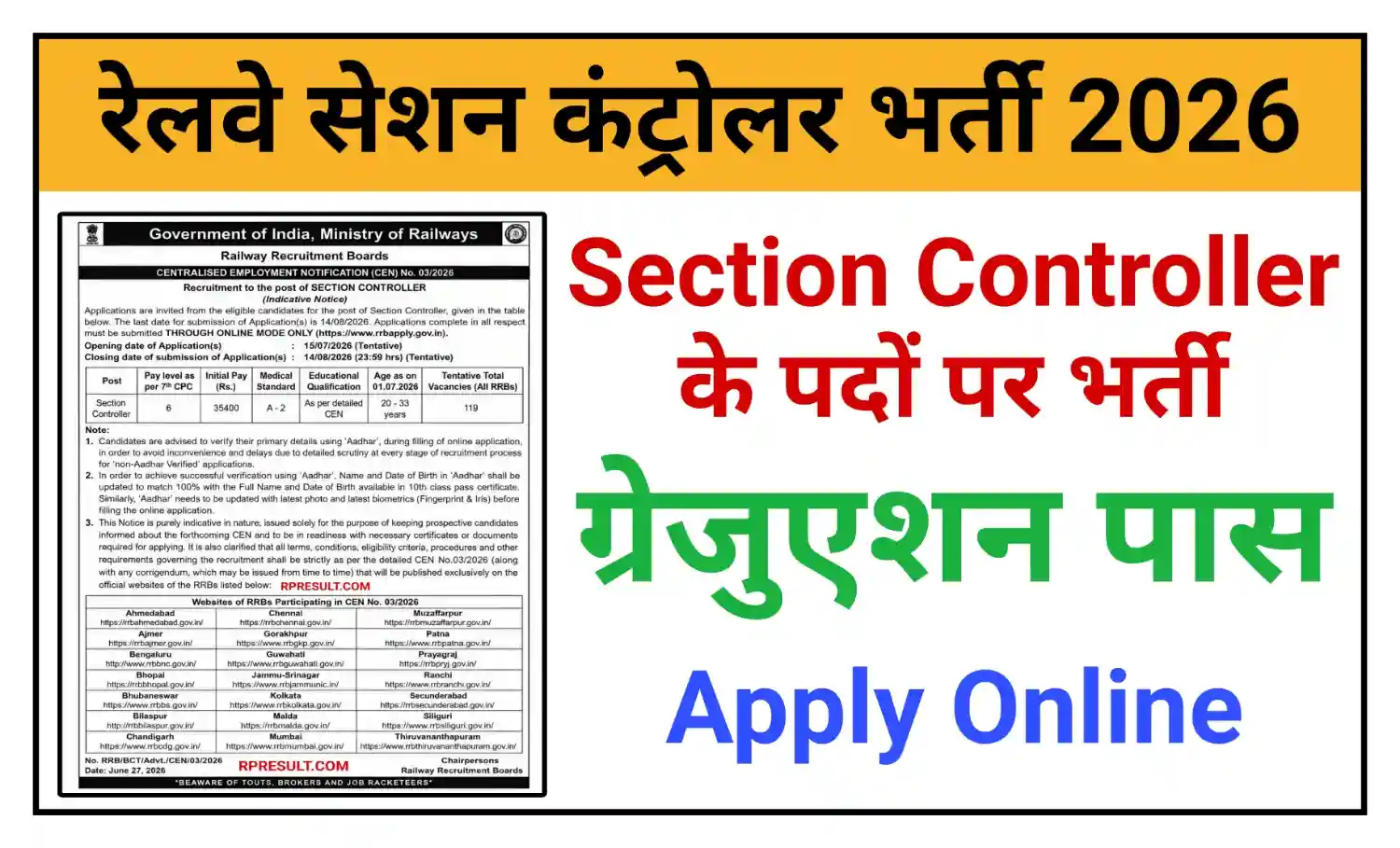 Railway Section Controller Recruitment 2026 रेलवे सेक्शन कंट्रोलर पदों पर भर्ती, योग्यता- ग्रेजुएशन पास @rrbapply.gov.in