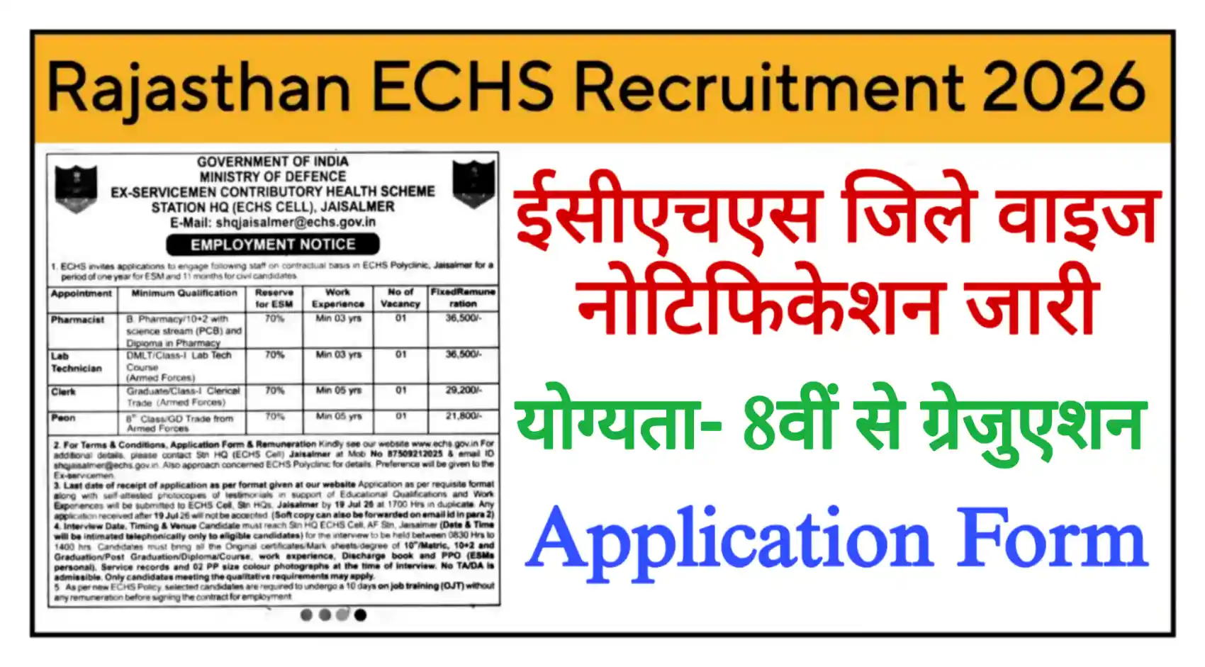 Rajasthan ECHS Recruitment 2026 राजस्थान ईसीएचएस के जिले वाइज नोटिफिकेशन जारी, योग्यता 8वीं से ग्रेजुएशन पास @echs.gov.in