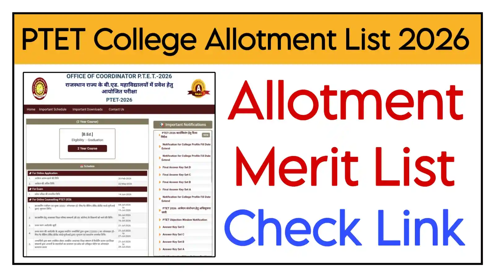 Rajasthan PTET College Allotment List 2026 राजस्थान पीटीईटी College Allotment Merit List देखें @ptetvmoukota2026.in