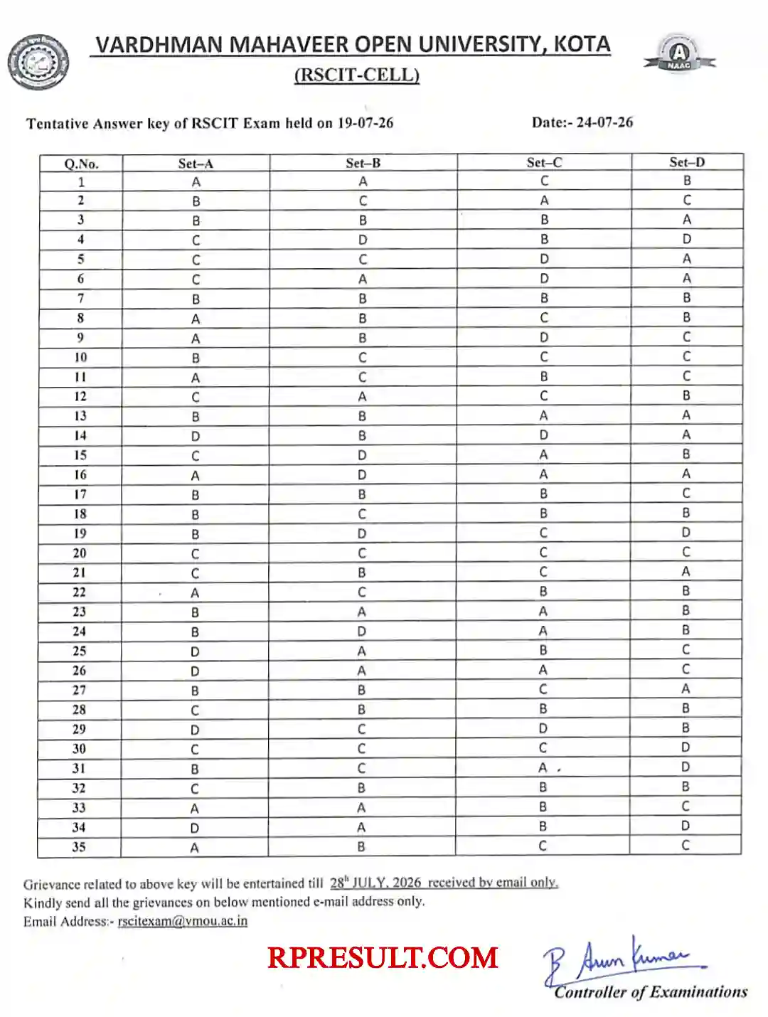 Rajasthan RSCIT Answer Key 2026 आरएससीआईटी 19 जुलाई 2026 परीक्षा की Official Answer Key जारी @vmou.ac.in