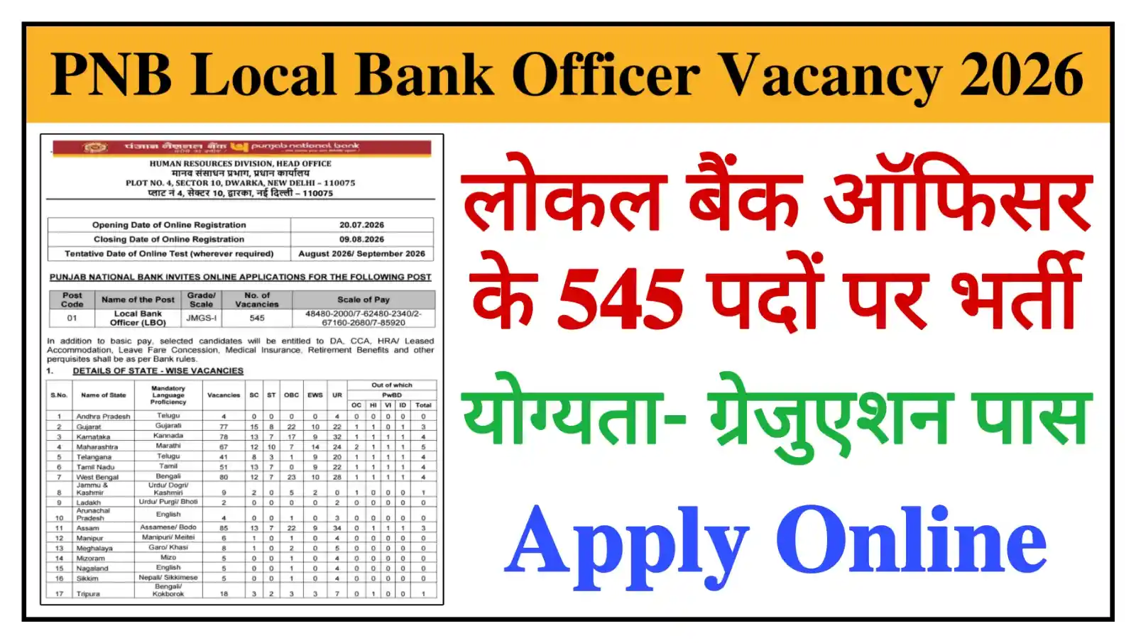 PNB Local Bank Officer Recruitment 2026 पीएनबी लोकल बैंक ऑफिसर के 545 पदों पर भर्ती, योग्यता- ग्रेजुएशन पास @pnb.bank.in