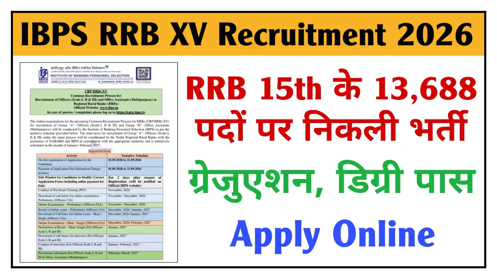 IBPS RRB XV Recruitment 2026 आईबीपीएस आरआरबी 15th भर्ती के 13,688 पदों पर नोटिफिकेशन जारी, आवेदन शुरू @ibps.in