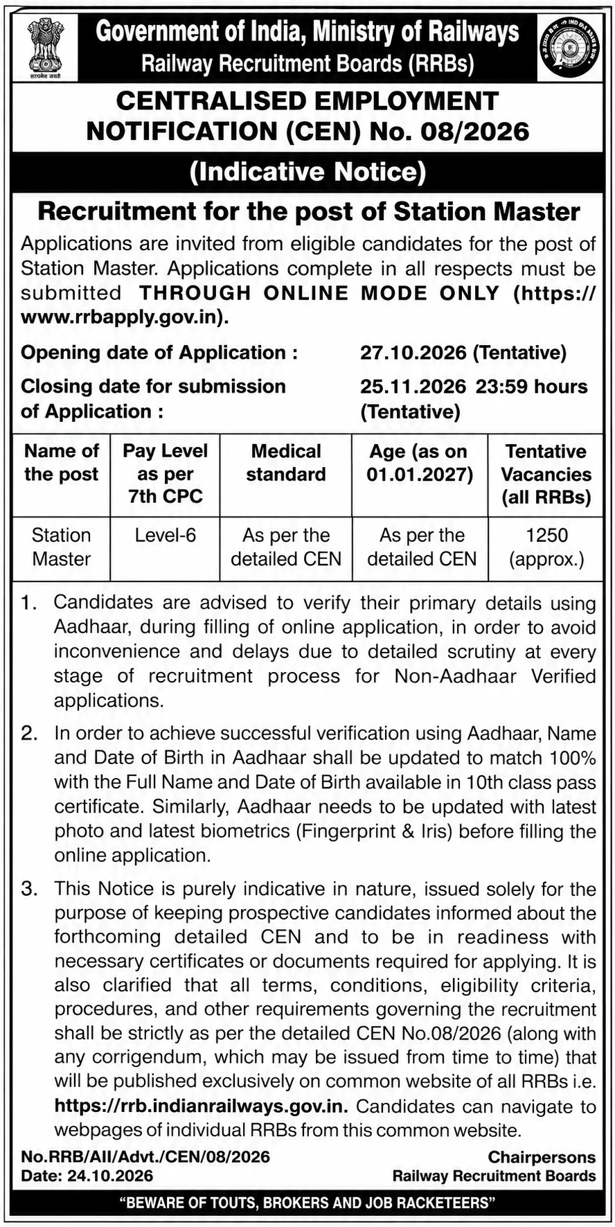 Railway Station Master Recruitment 2026 रेलवे स्टेशन मास्टर के 1250 पदों पर निकली भर्ती, संपूर्ण जानकारी देखें